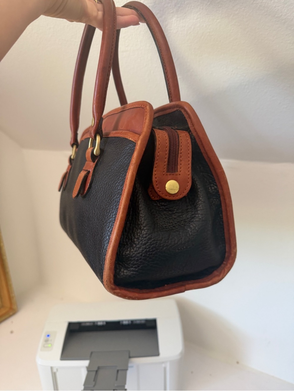 Classic Vintage Navy and Brown Leather Satchel Handbag - Picture 2 of 11